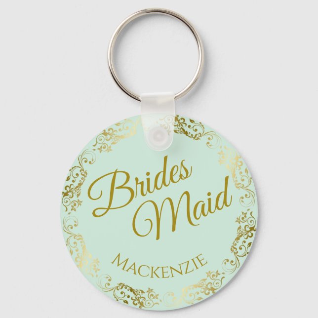 Elegant Gold Lace on Mint Bridesmaid Wedding Key Ring (Front)