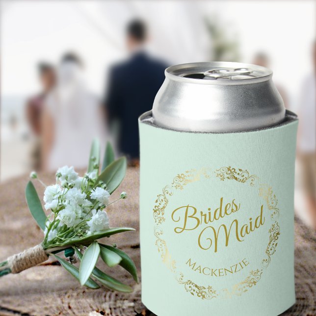 Elegant Gold Lace on Mint Green Bridesmaid Wedding Can Cooler (Creator Uploaded)