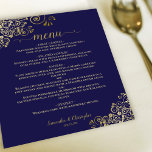 Elegant Gold Lace on Navy Blue Budget Wedding Menu<br><div class="desc">These beautiful wedding menus are simple,  elegant,  and stylish while still being budget friendly and affordable. They feature a classy and glamorous design with golden faux foil lace and script calligraphy on a navy blue background. The back is a beautiful marbled gold color.</div>