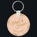 Elegant Gold Lace on Peach Maid of Honour Wedding Key Ring<br><div class="desc">This beautiful key chain is designed as a wedding gift or favour for the Maid of Honour. It features an elegant pale orange or coral peach coloured design with a gold faux foil flourish border and the text "Maid of Honour" as well as a place to enter her name, the...</div>