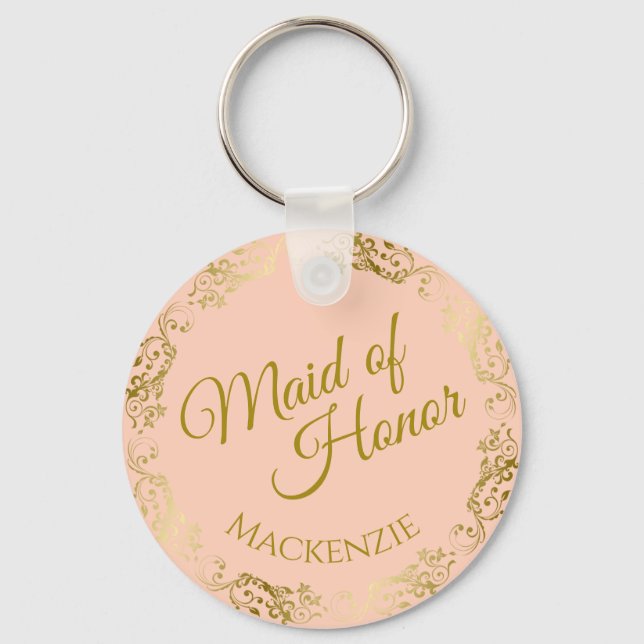 Elegant Gold Lace on Peach Maid of Honour Wedding Key Ring (Front)