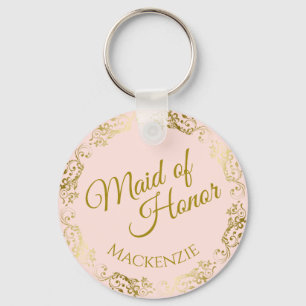 Elegant Gold Lace on Pink Maid of Honour Wedding Key Ring