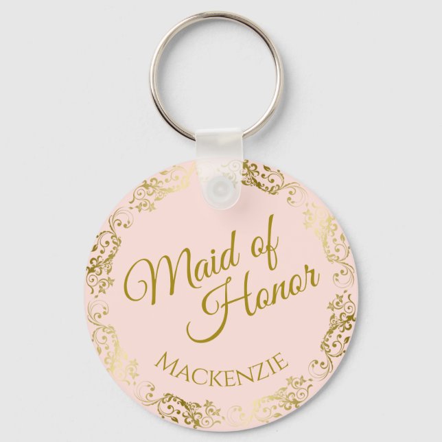Elegant Gold Lace on Pink Maid of Honour Wedding Key Ring (Front)