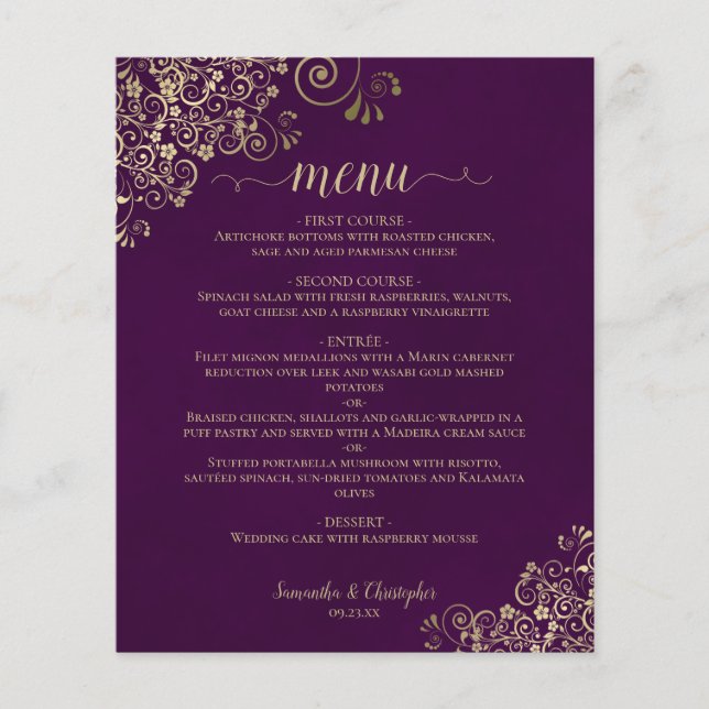 Elegant Gold Lace on Plum Budget Wedding Menu (Front)