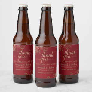 Elegant Gold Lace on Red Wedding Thank You Beer Bottle Label