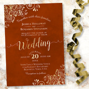 Elegant Gold Lace on Rust Orange Frilly Wedding