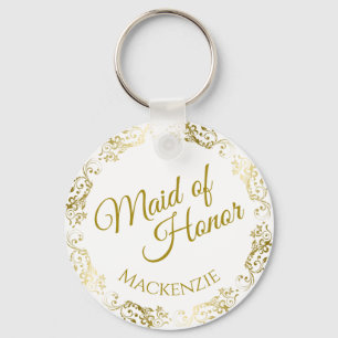 Elegant Gold Lace on White Maid of Honour Wedding Key Ring