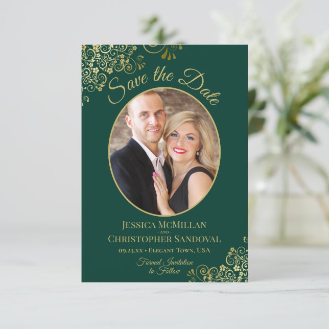 Elegant Gold Lace Oval Photo Emerald Green Wedding Save The Date (Standing Front)