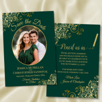 Elegant Gold Lace Oval Photo Emerald Green Wedding