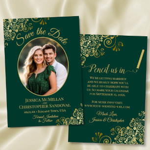 Elegant Gold Lace Oval Photo Emerald Green Wedding Save The Date