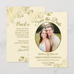 Elegant Gold Lace Oval Photo Ivory Cream Wedding Save The Date