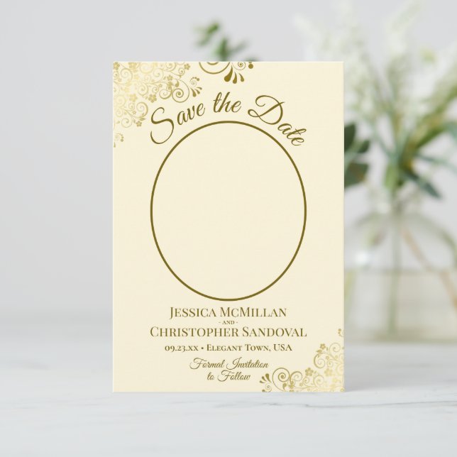 Elegant Gold Lace Oval Photo Ivory Cream Wedding Save The Date (Standing Front)