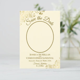 Elegant Gold Lace Oval Photo Ivory Cream Wedding Save The Date