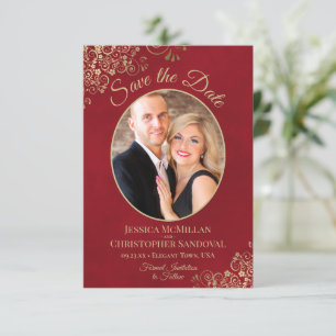 Elegant Gold Lace & Oval Photo Marbled Red Wedding Save The Date