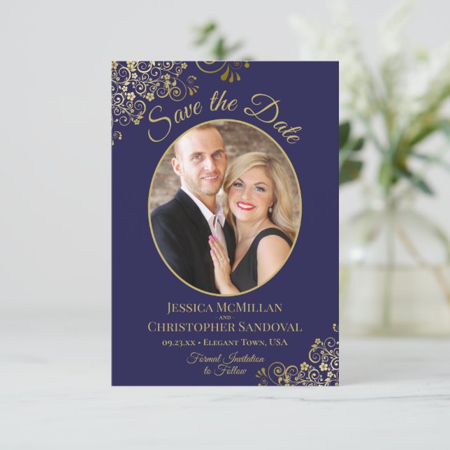 Elegant Gold Lace & Oval Photo Navy Blue Wedding Save The Date (Standing Front)