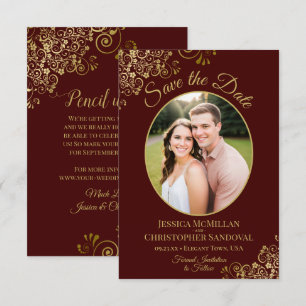 Elegant Gold Lace & Photo Auburn Brown Wedding Save The Date