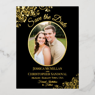 Elegant Gold Lace & Photo Black Save the Date Foil Invitation Postcard