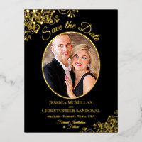 Elegant Gold Lace & Photo Black Save the Date