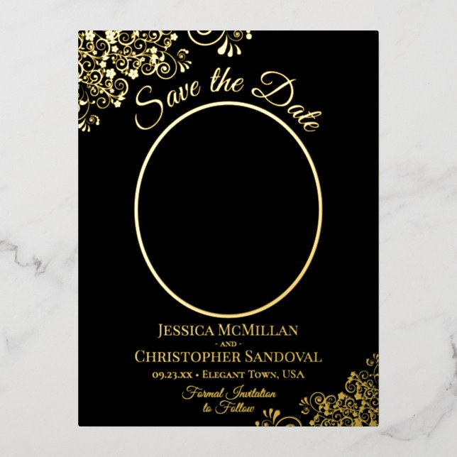 Elegant Gold Lace & Photo Black Save the Date Foil Invitation Postcard (Front)
