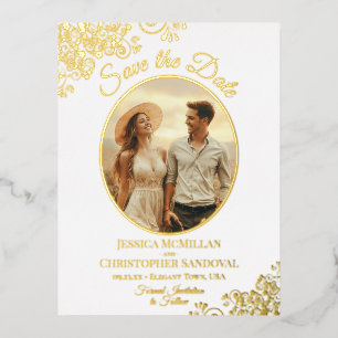 Elegant Gold Lace & Photo White Save the Date Foil Invitation Postcard