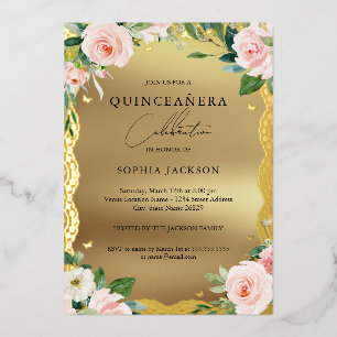 Elegant Gold Lace Pink Floral Photo Quinceanera