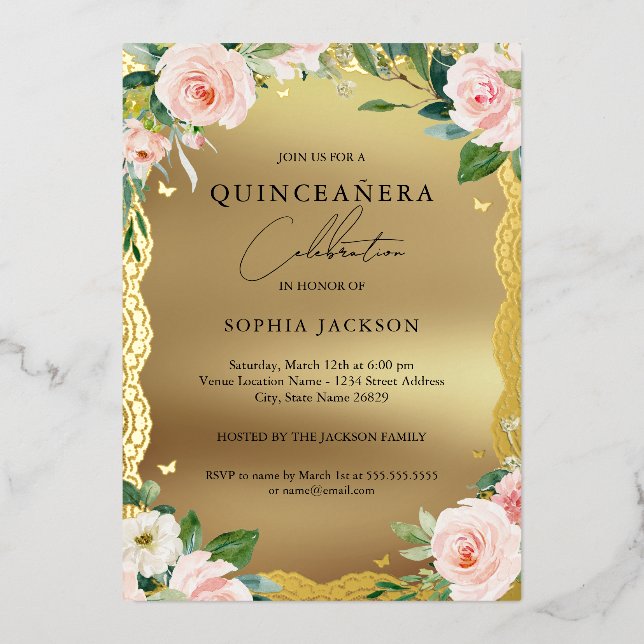 Elegant Gold Lace Pink Floral Photo Quinceanera  (Front)