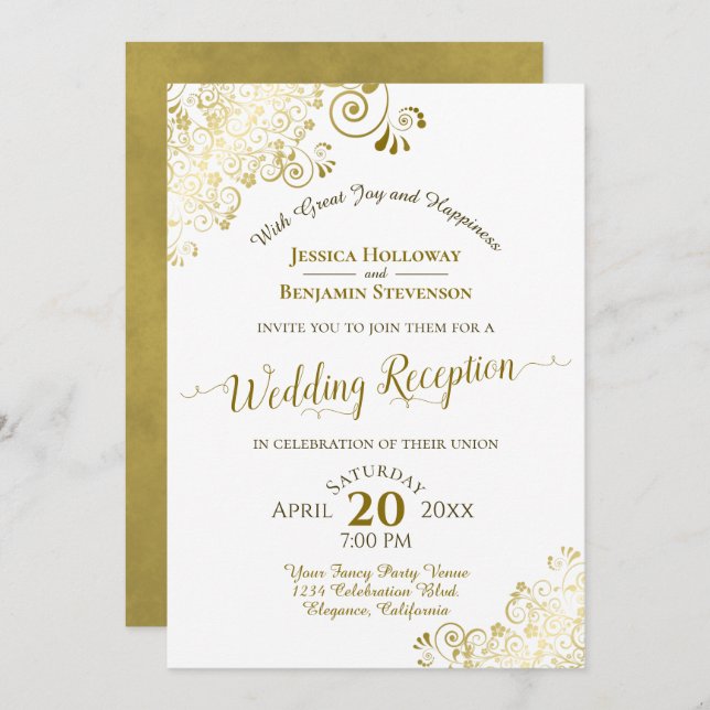 Elegant Gold Lace & White Wedding Reception Party Invitation (Front/Back)