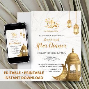 Elegant Gold Lantern & Crescent Iftar Dinner Invitation