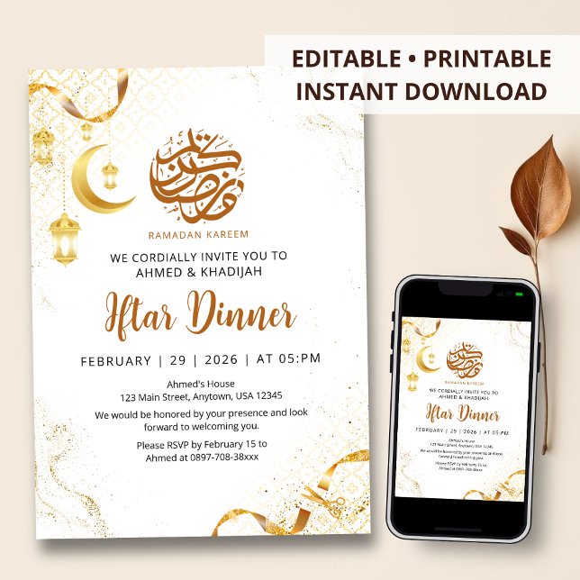 Elegant Gold Lantern & Ribbon Ramadan Iftar Dinner Invitation (Creator Uploaded)