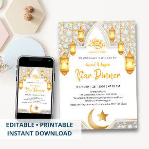 Elegant Gold Lantern & White Geometric Arch Iftar  Invitation