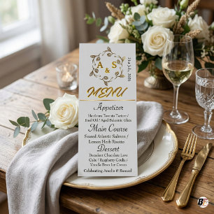 Elegant Gold Laurel Wreath A & S Monogram Wedding Menu