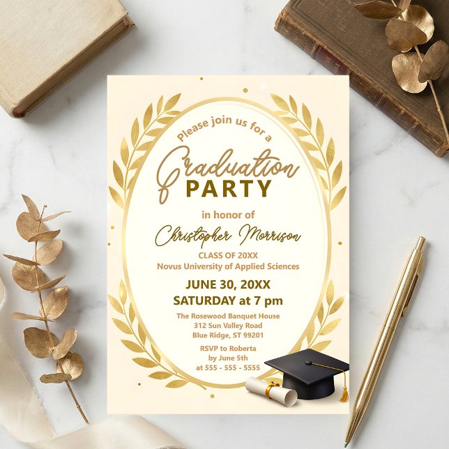 Elegant Gold Laurel Wreath & Cap Graduation Party Invitation (Creator Uploaded)