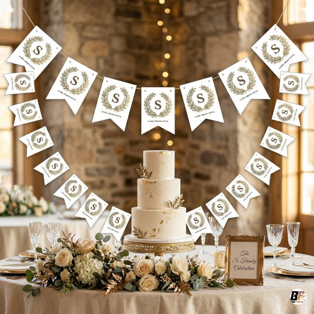 Elegant Gold Laurel Wreath Custom Monogram Bunting (Creator Uploaded)