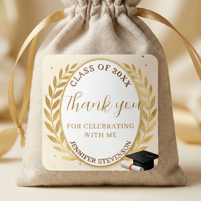 Elegant Gold Laurel Wreath Graduation Thank You Square Sticker (Creator Uploaded)