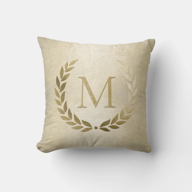 Elegant Gold Laurel Wreath Monogram Initial Cushion (Front)