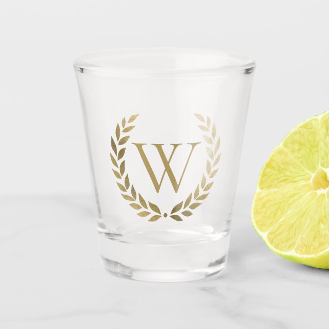 Elegant Gold Laurel Wreath Monogram Shot Glass (Front)