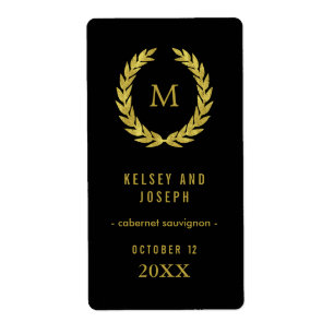 Elegant Gold Laurel Wreath on Black Wedding Wine