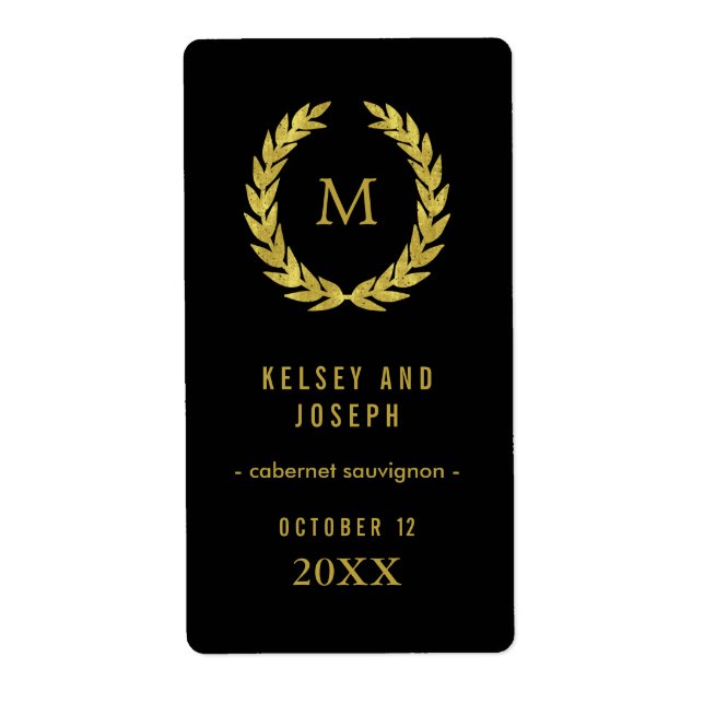 Elegant Gold Laurel Wreath on Black Wedding Wine (Front)