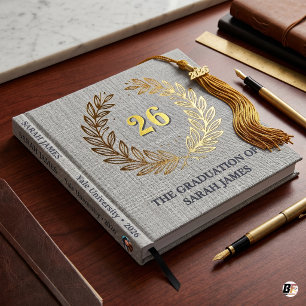 Elegant Gold Laurel Wreath Woven Linen Class of 20 Guest Book