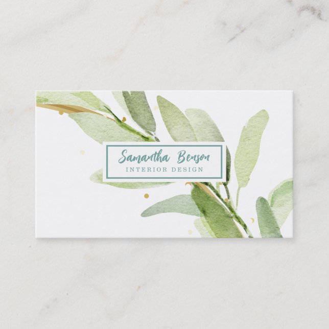 Elegant Gold  Leaf Airy Greenery Business Card (Front)