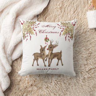 Elegant Gold Leaf and Red Berries Deer Christmas Cushion