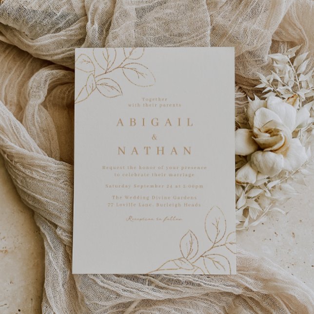 Elegant Gold Leaf & Beige Modern Wedding Invitation (Creator Uploaded)