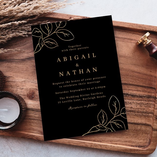 Elegant Gold Leaf & Black Modern Wedding Invitation (Creator Uploaded)
