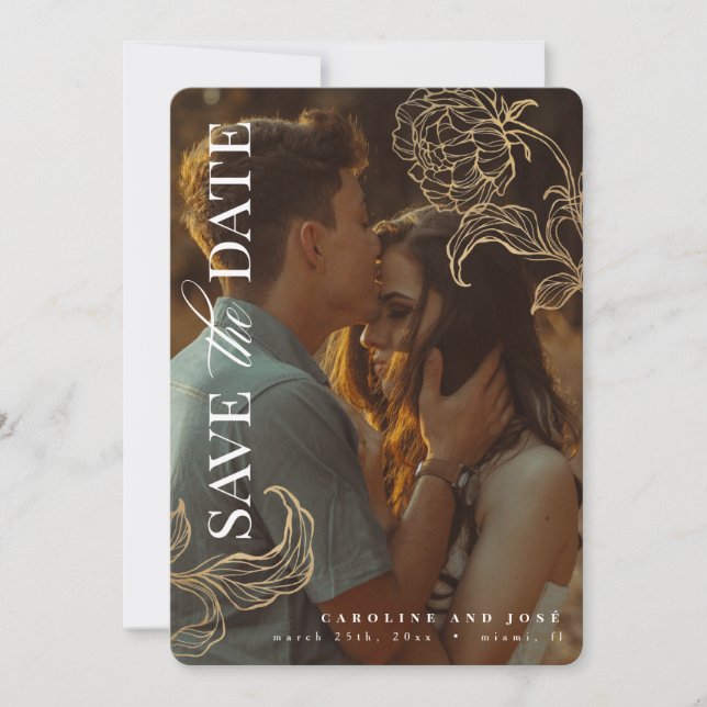 Elegant Gold Leaf Botanical Photo Save the Date Invitation (Front)