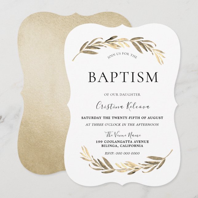 Elegant Gold Leaf Boy or Girl Baptism Christening Invitation (Front/Back)