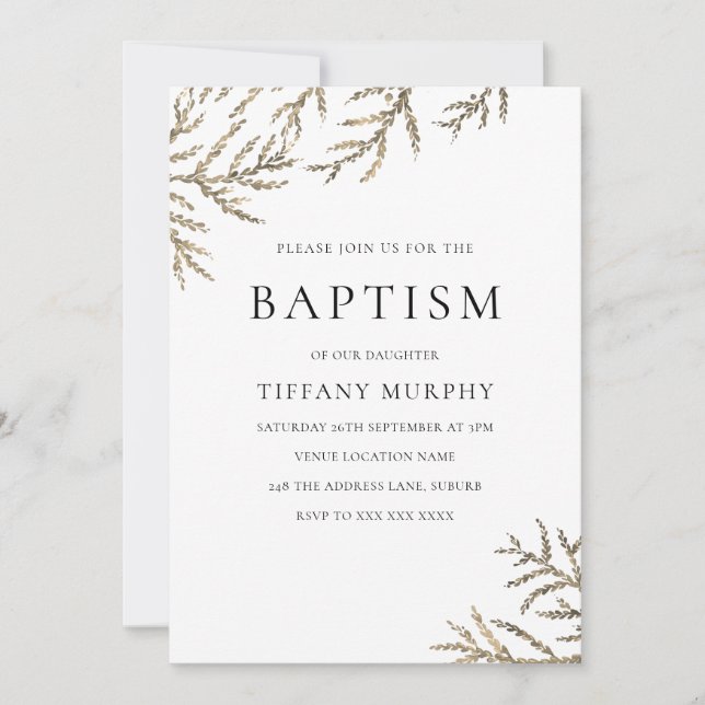Elegant Gold Leaf Boy or Girl Baptism Invitation (Front)