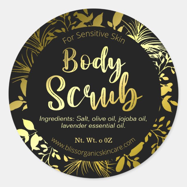 Elegant Gold Leaf Branches on Black Body Scrub Spa Classic Round Sticker (Front)