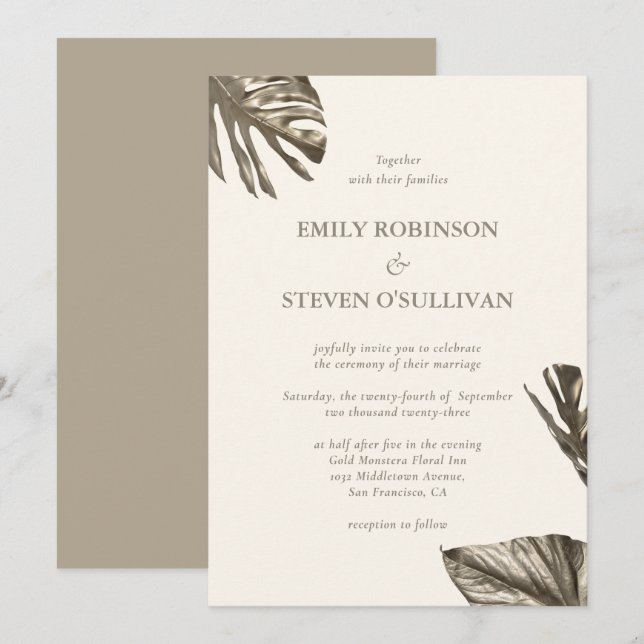 Elegant Gold Leaf Champagne Ivory Wedding Invitation (Front/Back)