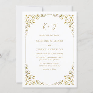 Elegant Gold Leaf Frame Monogram Wedding Invitation