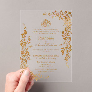 Elegant Gold Leaf Islamic Wedding Acrylic Invitations